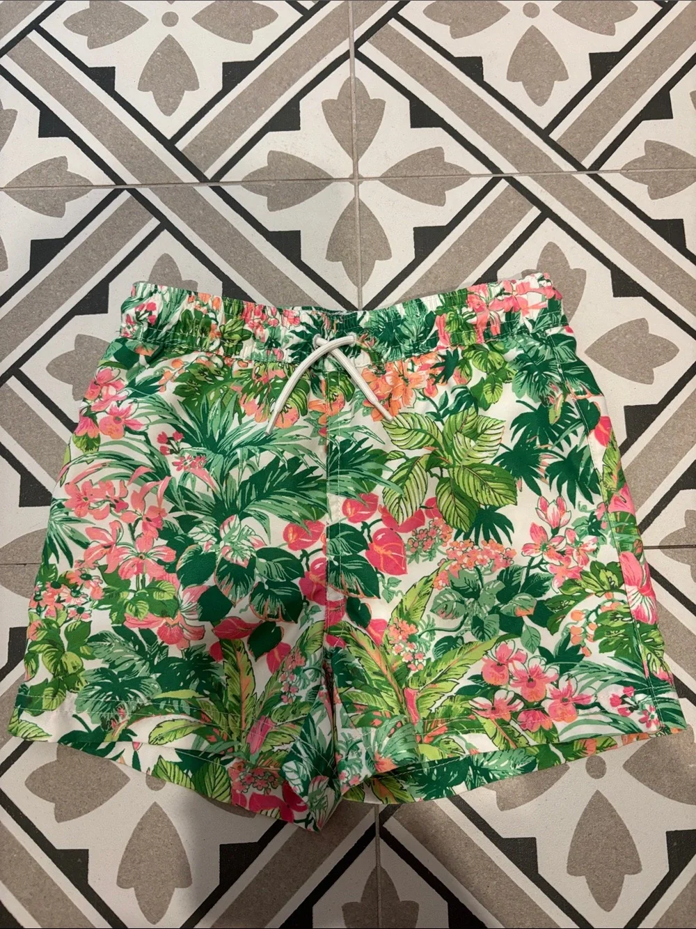 Janie & Jack- Tropical Floral Swim Trunks - Green/Pink